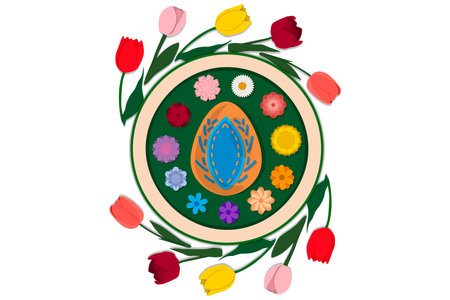 Illustration on theme celebration holiday Easter with hunt colorful bright eggs, banner consisting of hunt different Easter eggs, hunt beautiful Easter eggs are main accessory at abstract backgroundのイラスト素材