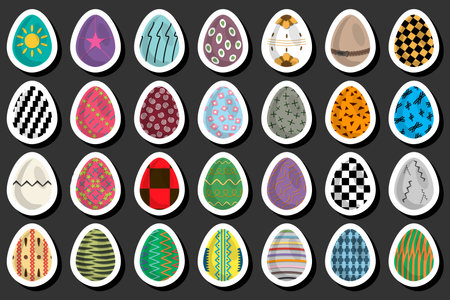 Illustration on theme celebration holiday Easter with hunt colorful bright eggs, set consisting of hunt different Easter eggs, set hunt beautiful Easter eggs are main accessory at abstract backgroundのイラスト素材