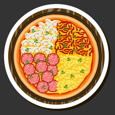 Illustration on theme big hot tasty pizza to pizzeria menu, Italian pizza consisting of various ingredients such as crispy baked dough, red tomato, German sausage, champignon mushrooms and much moreのイラスト素材
