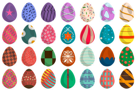 Illustration on theme celebration holiday Easter with hunt colorful bright eggs, set consisting of hunt different Easter eggs, set hunt beautiful Easter eggs are main accessory at abstract backgroundのイラスト素材