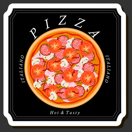 Illustration on theme big hot tasty pizza to pizzeria menu, Italian pizza consisting of various ingredients such as crispy baked dough, red tomato, German sausage, champignon mushrooms and much moreのイラスト素材
