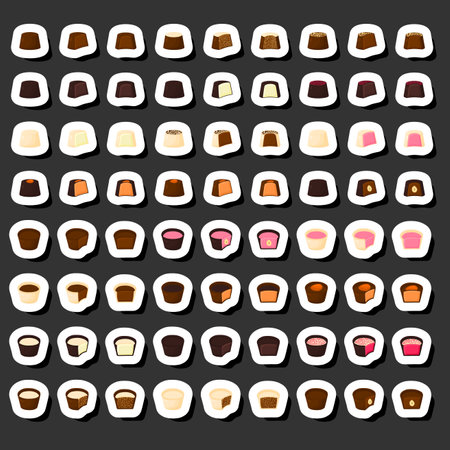 Illustration on theme beautiful big set sweet chocolate candy bonbon, candy bonbon consisting of black sweet chocolate covered powder glaze, kit chocolate candy in different form, tasty sweet bonbonのイラスト素材