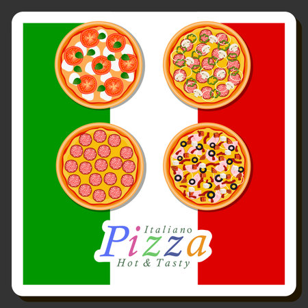Illustration on theme big hot tasty pizza to pizzeria menu, Italian pizza consisting of various ingredients such as crispy baked dough, red tomato, German sausage, champignon mushrooms and much moreのイラスト素材