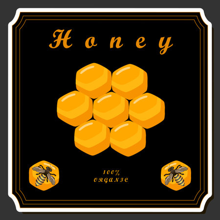 Illustration on theme for label of sugary flowing down honey in honeycomb with bee, label consisting from kit sticky honey at honeycomb off bee, honey in bee honeycomb to big set bright labelのイラスト素材