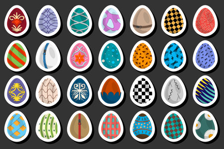 Illustration on theme celebration holiday Easter with hunt colorful bright eggs, set consisting of hunt different Easter eggs, set hunt beautiful Easter eggs are main accessory at abstract backgroundのイラスト素材