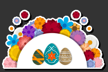 Illustration on theme celebration holiday Easter with hunt colorful bright eggs, banner consisting of hunt different Easter eggs, hunt beautiful Easter eggs are main accessory at abstract backgroundのイラスト素材