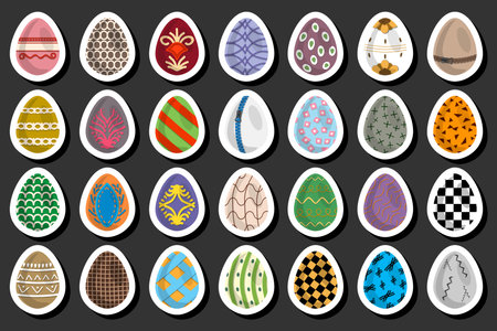 Illustration on theme celebration holiday Easter with hunt colorful bright eggs, set consisting of hunt different Easter eggs, set hunt beautiful Easter eggs are main accessory at abstract backgroundのイラスト素材