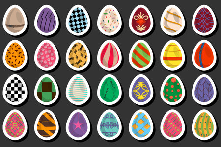 Illustration on theme celebration holiday Easter with hunt colorful bright eggs, set consisting of hunt different Easter eggs, set hunt beautiful Easter eggs are main accessory at abstract backgroundのイラスト素材