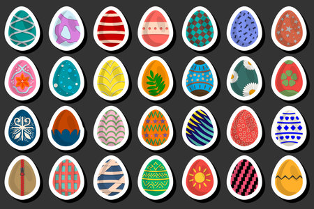 Illustration on theme celebration holiday Easter with hunt colorful bright eggs, set consisting of hunt different Easter eggs, set hunt beautiful Easter eggs are main accessory at abstract backgroundのイラスト素材