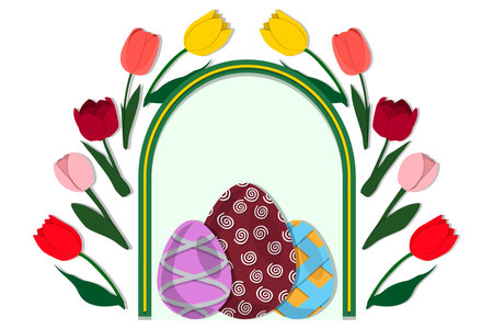 Illustration on theme celebration holiday Easter with hunt colorful bright eggs, banner consisting of hunt different Easter eggs, hunt beautiful Easter eggs are main accessory at abstract backgroundのイラスト素材