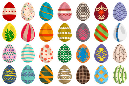 Illustration on theme celebration holiday Easter with hunt colorful bright eggs, set consisting of hunt different Easter eggs, set hunt beautiful Easter eggs are main accessory at abstract backgroundのイラスト素材