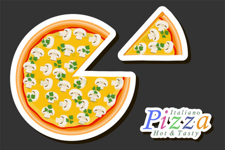 Illustration on theme big hot tasty pizza to pizzeria menu, Italian pizza consisting of various ingredients such as crispy baked dough, red tomato, German sausage, champignon mushrooms and much moreのイラスト素材