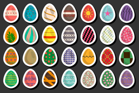 Illustration on theme celebration holiday Easter with hunt colorful bright eggs, set consisting of hunt different Easter eggs, set hunt beautiful Easter eggs are main accessory at abstract backgroundのイラスト素材