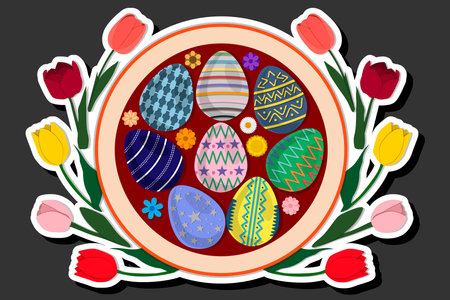Illustration on theme celebration holiday Easter with hunt colorful bright eggs, banner consisting of hunt different Easter eggs, hunt beautiful Easter eggs are main accessory at abstract backgroundのイラスト素材