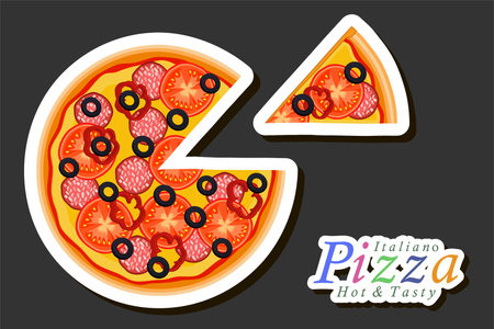Illustration on theme big hot tasty pizza to pizzeria menu, Italian pizza consisting of various ingredients such as crispy baked dough, red tomato, German sausage, champignon mushrooms and much moreのイラスト素材