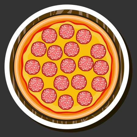Illustration on theme big hot tasty pizza to pizzeria menu, Italian pizza consisting of various ingredients such as crispy baked dough, red tomato, German sausage, champignon mushrooms and much moreのイラスト素材