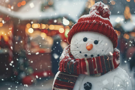 Beautiful Christmas greeting card with bright winter holiday snowman and New Year backgroundの素材