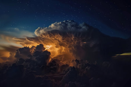 Generative ai on theme of a scary bright electric lightning bolt with branches in the night dark skyの素材