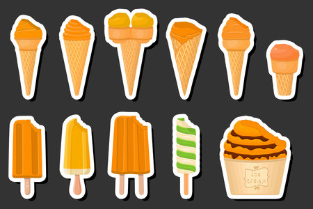 Illustration on theme big kit ice cream different types in cone waffle cup, ice cream consisting of tasty on cone waffle cup, cone waffle cup, natural dessert ice creamのイラスト素材