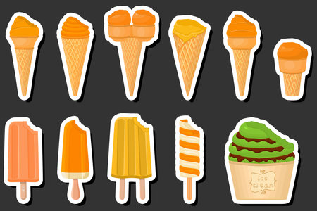 Illustration on theme big kit ice cream different types in cone waffle cup, ice cream consisting of tasty on cone waffle cup, cone waffle cup, natural dessert ice creamのイラスト素材