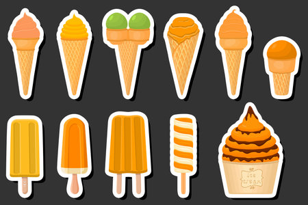 Illustration on theme big kit ice cream different types in cone waffle cup, ice cream consisting of tasty on cone waffle cup, cone waffle cup, natural dessert ice creamのイラスト素材