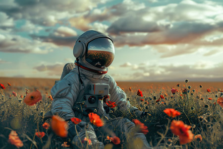 Generative ai on theme of astronaut flying in zero gravity against starry sky in the deep dark spaceの素材