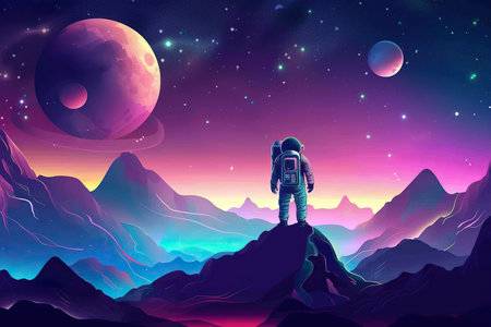 Generative ai on theme of astronaut flying in zero gravity against starry sky in the deep dark spaceの素材