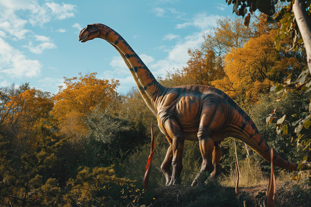 Generative ai on theme of a big scary hungry dinosaur with kind eyes and sharp teeth destroying parkの素材