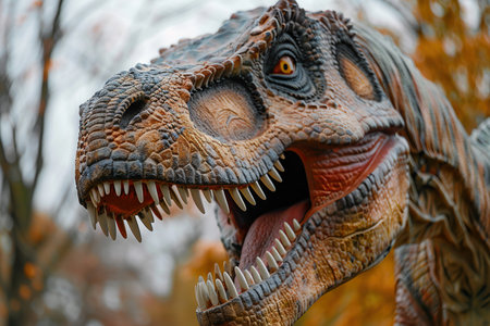 Generative ai on theme of a big scary hungry dinosaur with kind eyes and sharp teeth destroying parkの素材