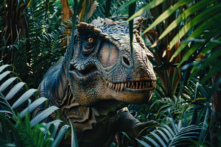 Generative ai on theme of a big scary hungry dinosaur with kind eyes and sharp teeth destroying parkの素材