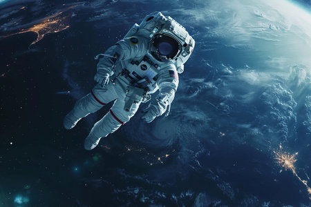 Generative ai on theme of astronaut flying in zero gravity against starry sky in the deep dark spaceの素材