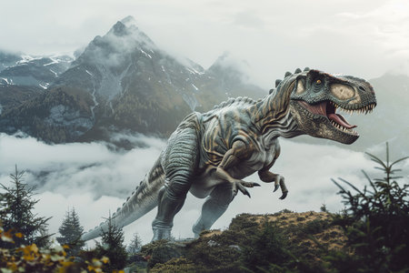 Generative ai on theme of a big scary hungry dinosaur with kind eyes and sharp teeth destroying parkの素材