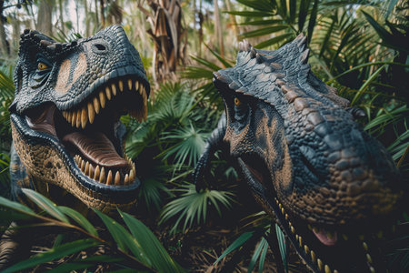 Generative ai on theme of a big scary hungry dinosaur with kind eyes and sharp teeth destroying parkの素材