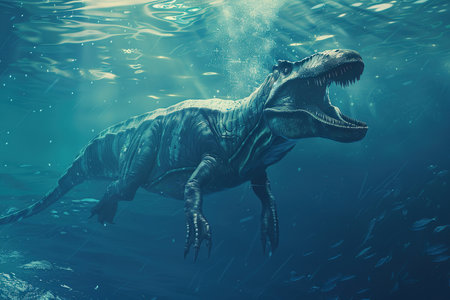 Generative ai on theme of a big scary hungry dinosaur with kind eyes and sharp teeth destroying parkの素材