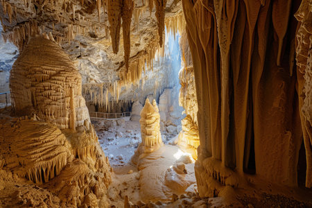 Generative ai on theme of a large beautiful sharp stalactites hanging down from a deep mountain caveの素材