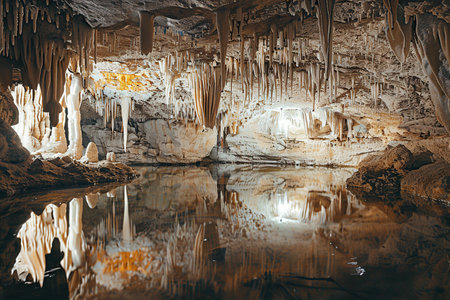 Generative ai on theme of a large beautiful sharp stalactites hanging down from a deep mountain caveの素材