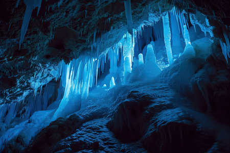 Generative ai on theme of a large beautiful sharp stalactites hanging down from a deep mountain caveの素材