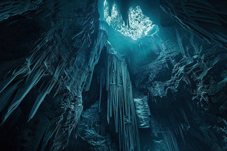 Generative ai on theme of a large beautiful sharp stalactites hanging down from a deep mountain caveの素材