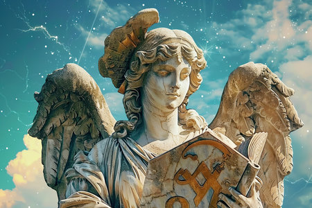 Astrological abstract composition with concept of Virgo zodiac sign symbol, abstract vivid composition consists of fictional unreal fantastic vision on background for diverse creative workの素材