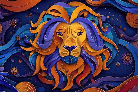 Astrological abstract composition with concept of Leo zodiac sign symbol, abstract vivid composition consists of fictional unreal fantastic vision on background for diverse creative workの素材