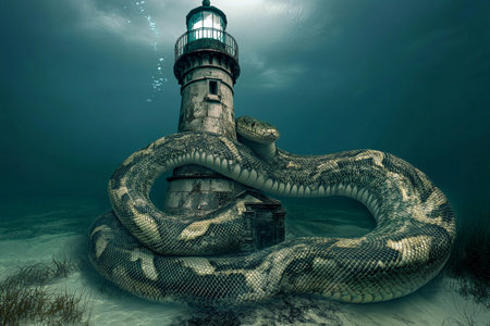 A massive underwater snake tightly wraps itself around a weathered lighthouse, surrounded by turbulent waves under a dark, ominous skyの素材