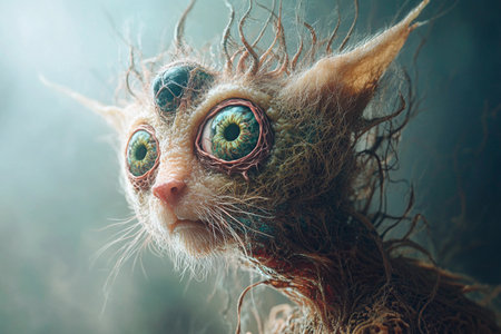 A mysterious creature with large human-like eyes and animalistic traits stands in a dense, enchanting forest at dusk, surrounded by vibrant foliage and soft lightの素材