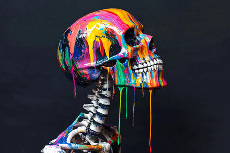 A unique skeletal form stands against a dark blue background, featuring a skull adorned with vibrant dripping paint in bold hues. The artwork showcases creativity and contrastの素材