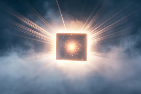 A glowing cube levitates in dense fog, emitting bright rays of light. The mystical ambiance is enhanced by the swirling mist surrounding the cube, creating a captivating visualの素材