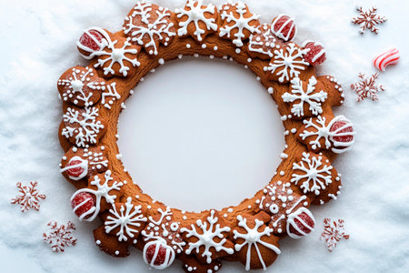 Edible gingerbread wreath showcases intricate designs and festive elements. This delightful decoration brightens up any holiday table or gathering with its charming appealの素材
