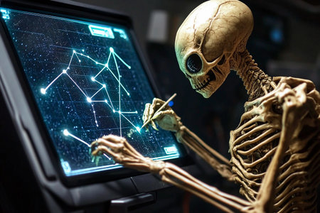In a dimly lit spacecraft, an alien skeleton meticulously sketches star charts using a glowing stylus, illuminating intricate constellations and cosmic patternsの素材