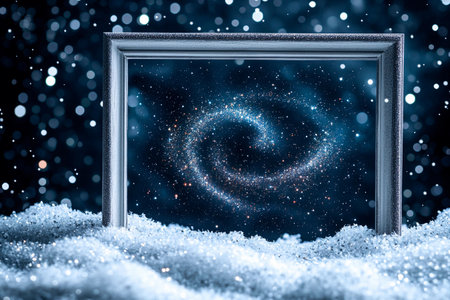 A wooden frame showcases a vibrant galaxy, surrounded by a magical swirl of stardust instead of snow. The scene glows with enchanting light, creating a celestial effectの素材