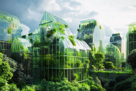 In a futuristic landscape, buildings made entirely of trees integrate with nature, creating a unique urban environment filled with greeneryの素材