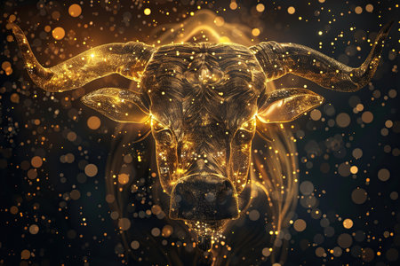 Astrological abstract composition with concept of Taurus zodiac sign symbol, abstract vivid composition consists of fictional unreal fantastic vision on background for diverse creative workの素材