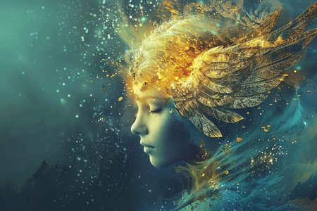 Astrological abstract composition with concept of Virgo zodiac sign symbol, abstract vivid composition consists of fictional unreal fantastic vision on background for diverse creative workの素材